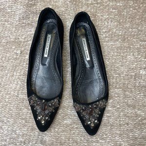 Monolo Blahnik Black Suede Flats with Embellishment Sz 40.5